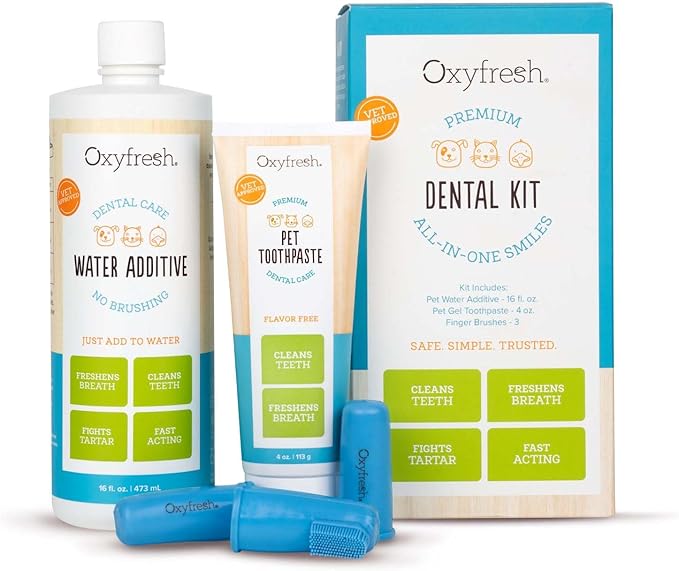 Oxyfresh Premium Pet Dental Kit for Dogs &amp; Cats – Easy Solution for Dog and Cat Fresh Breath, Clean Teeth, Control Plaque &amp; Tartar – Vet Formulated Pet Toothpaste 4oz + Water Additive 16oz Kit