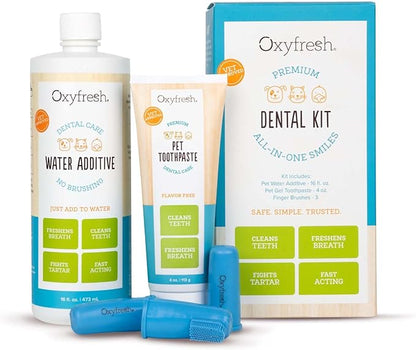 Oxyfresh Premium Pet Dental Kit for Dogs &amp; Cats – Easy Solution for Dog and Cat Fresh Breath, Clean Teeth, Control Plaque &amp; Tartar – Vet Formulated Pet Toothpaste 4oz + Water Additive 16oz Kit