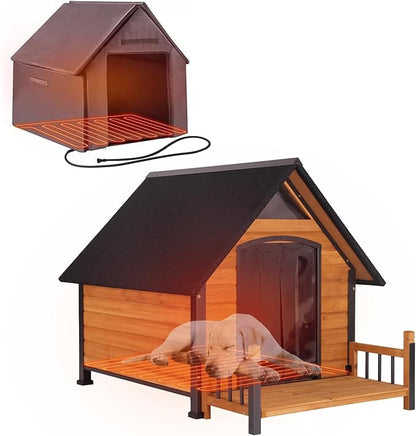 Heated Dog House Outdoor with Insulated Liner in Winter, Weatherproof Puppy Kennel with Anti-Chewing Metal Frame, Dog Shelter for Large, Medium and Small Dogs (Brown, 50.9&
