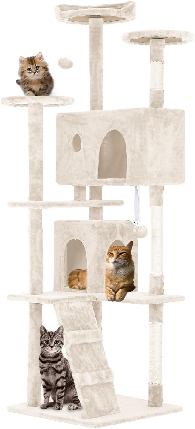 FDW Cat Tree 70in Cat Tower Multi-Level Durable Cat Scratching Post &amp; Cozy Fun Cat Jumping Platform Space Saving Cat Condo Pet Play House for Indoor Cats,Beige