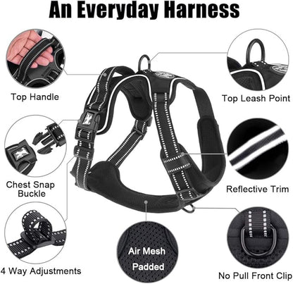 PoyPet No Pull Dog Harness, Reflective Comfortable Vest Harness with Front &amp; Back 2 Leash Attachments and Easy Control Handle Adjustable Soft Padded Pet Vest for Small to Large Dogs (Black,L)