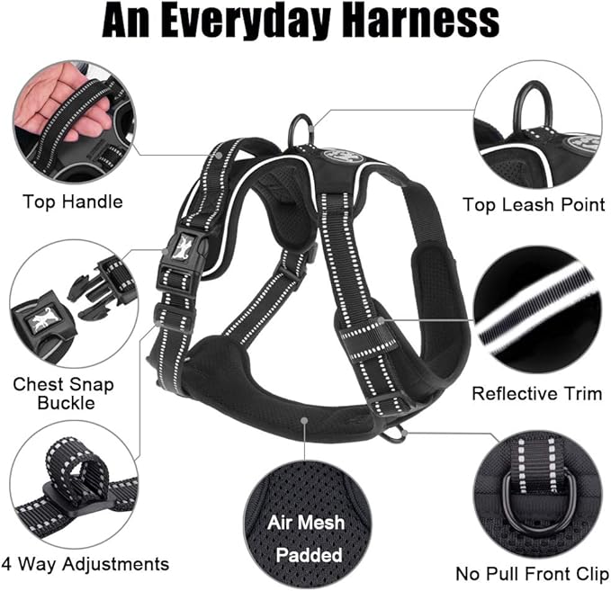 PoyPet No Pull Dog Harness, Reflective Comfortable Vest Harness with Front &amp; Back 2 Leash Attachments and Easy Control Handle Adjustable Soft Padded Pet Vest for Small to Large Dogs (Black,M)