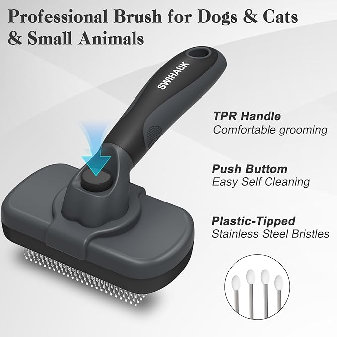Swihauk Self Cleaning Slicker Brush - Skin Friendly for Dogs &amp; Cats, Deshedding Grooming Tool for Shedding Hair, Puppy Brush for Haired Pets