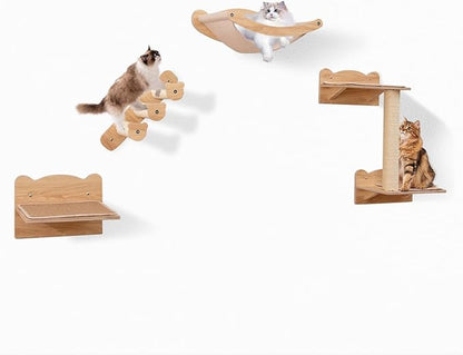 Tangkula Cat Wall Shelves, Wall Mounted 4pcs Kitten Furniture Set with Hammock, 2-Step Kitty Tree, Perch, Non-Slip Carpet Mat, Sisal Stairs &amp; Scratching Posts, Wooden Cat Climber Steps (Natural)