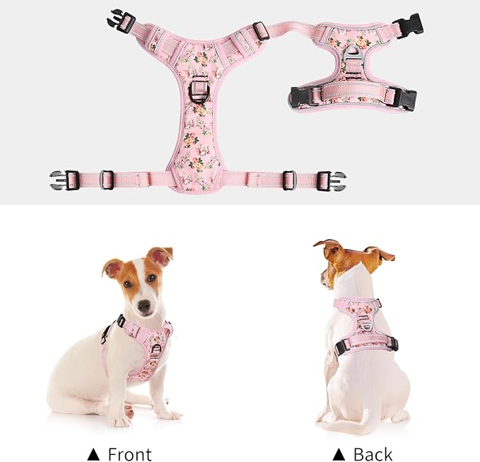 Timos No Pull Dog Harness,NO Need Go Over Dogs Head 3 Snap Buckles Reflective Oxford No Choke Harness with Front &amp; Back 2 Metal Leash Clips Soft Padded for Small Medium Large Dogs Pink S