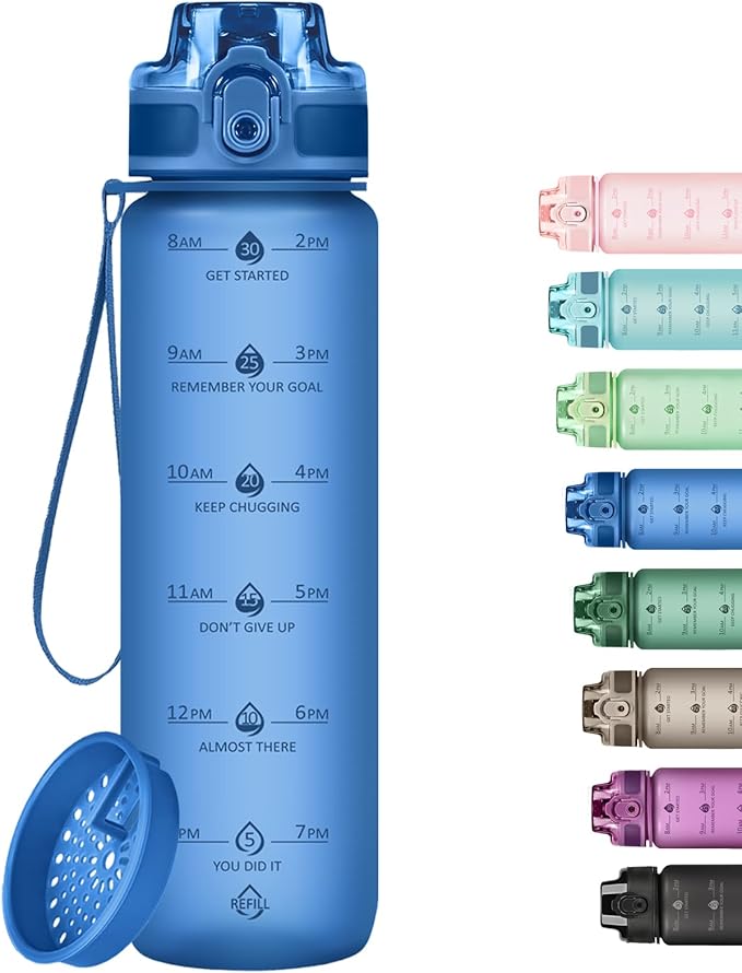 32oz Motivational Water Bottles with Time Marker &amp; Fruit Strainer, Transparent Gradient Color Water Bottle with Times to Drink, Leakproof &amp; BPA Free, Reusable Bottle with Strap (No Straw)