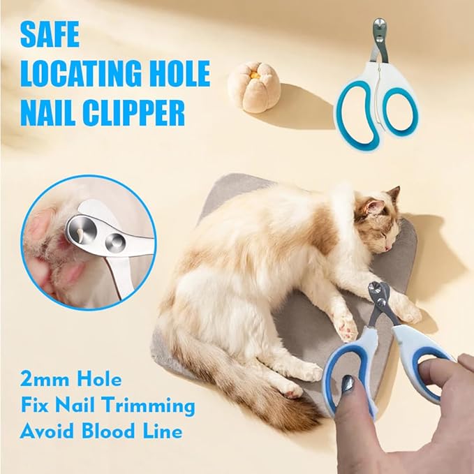 Grooming Brush Kit - 5pcs for Shedding &amp; Matted Fur, Self-Cleaning with Flea Comb for Indoor Long-Haired Cats, Blue