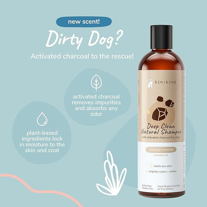 kin+kind Dog Shampoo - Deep Clean, Dirt &amp; Odor Remover w/Activated Charcoal for Dogs, Gentle Formula w/Natural Aloe, Olive Oil &amp; Coconut Oil, Pet Care &amp; Grooming Products, Almond &amp; Vanilla, 12 fl oz