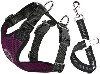 SlowTon Dog Seat Belt Harness for Car, Dog Car Harness Adjustable Mesh Breathable &amp; Dog Seatbelt Safety Tether with Elastic Bungee for Small Medium Large Pets(Burgundy, Single Clip, L)