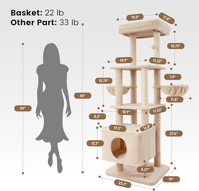 Gardner Pet 65in Heavy Duty Cat Tree Tower for Large Cats, Multi-Level Cat Furniture with Replaceable Sisal Scratching Post, Hammock | Extra-Large Platform &amp; Condo (Beige)