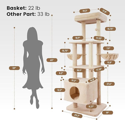 Gardner Pet 65in Heavy Duty Cat Tree Tower for Large Cats, Multi-Level Cat Furniture with Replaceable Sisal Scratching Post, Hammock | Extra-Large Platform &amp; Condo (Beige)