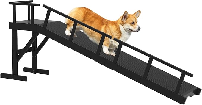 73" Dog Ramp for Bed, Pet Ramp with Removable Side Rail and Non-Slip Surface, Pet Ramp for Small &amp; Large &amp; Senior Dogs with Rest Platform and DIY Glow Strips,Dog Stairs for Couch, Black