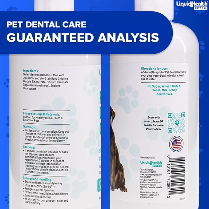 LIQUIDHEALTH Pet Dental Care Water Additive for Dogs &amp; Cats - Fast Acting Pet Bad Breath Freshener, Dog Mouth Wash, Animal Oral Dental Rinse, Plaque &amp; Tartar Teeth Cleaning Solution, USA Made (16 oz)