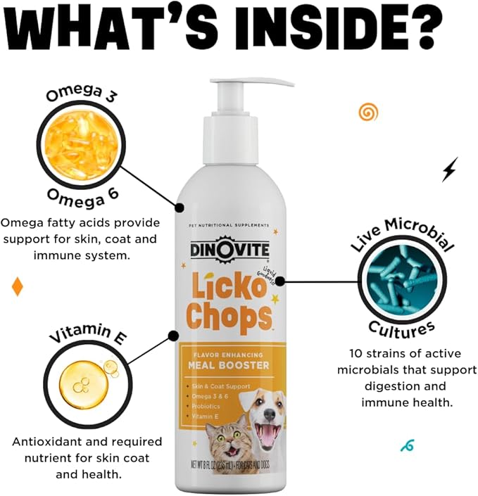 Dinovite Lickochops for Dog &amp; Cat Supplement Enhanced with Omega-6, 3 Fatty Acids, Probiotics and Vitamin E, 16 oz with Pump