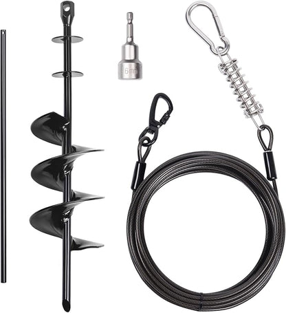 Heavy Duty Dog Tie-Out Cable and Stake for Yard Camping, with 30ft Heavy Duty Cable with Spring, for Small Medium Large Dogs up to 210 lbs, 360°Swivel Dog Run- No Tangle, Spiral Dog Stake