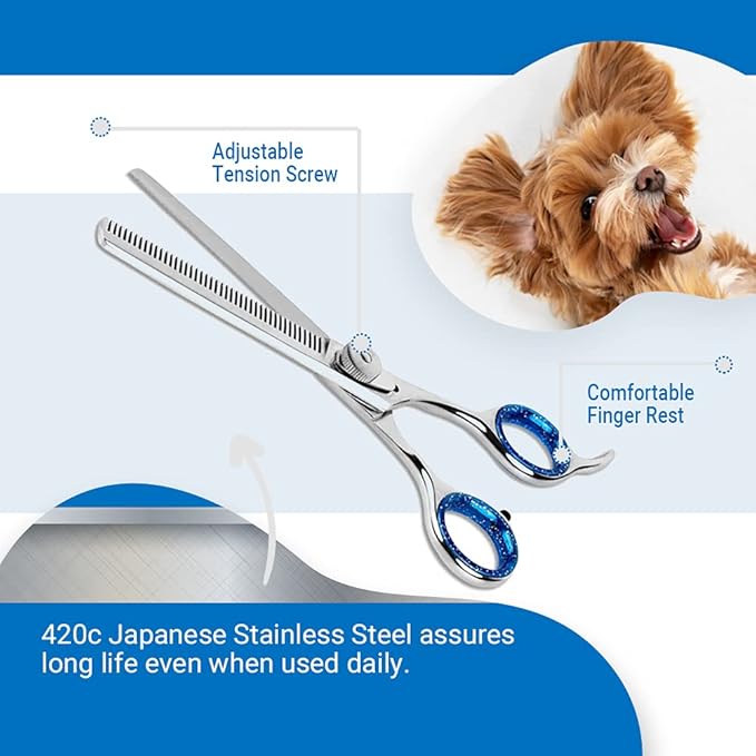 Laazar Pet Grooming Set - 7" Straight Pet Grooming Scissors &amp; 6.5" Pet Thinning Shears with 42 Teeth | Professional Dog Scissors Kit | Use as Cat and Dog Shears