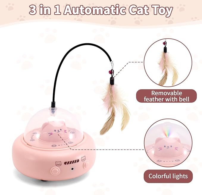 Automatic Cat Toys with Feathers, Interactive Cat Toy for Indoor Exercise, Rechargeable Teasing Toys for Indoor Cats, USB Powered, Smart Standby&amp;Obstacle Avoidance(Pink)