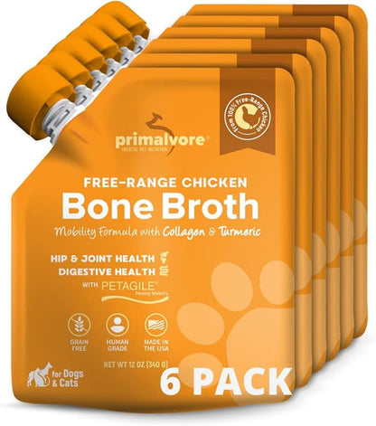 Primalvore Free-Range Bone Broth for Dogs &amp;Cats, Mobility Formula w/Collagen Peptides to Help Support Hip &amp; Joints, Digestion, Skin &amp; Coat and Hydration, Human Grade, Made in USA. Chicken 6 Pack