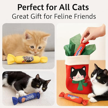Catnip Candy Toys for Indoor Cats – 3-Pack Crinkle Cat Toys with Catnip Pouches, Durable Canvas &amp; Soft Filling, Cat Chew Toys for Kittens &amp; Adults (Mix Color)