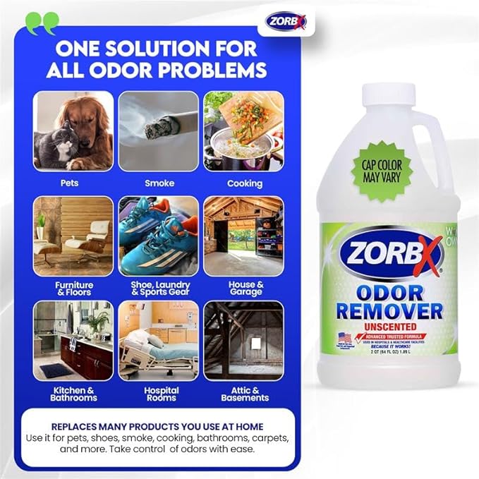 ZORBX Unscented Odor Eliminator for Strong Odor 64 oz - Used in Hospitals &amp; Healthcare Facilities - Advanced Trusted Formula, Fast-Acting Odor Remover Spray for Dog, Cat, House &amp; Carpet