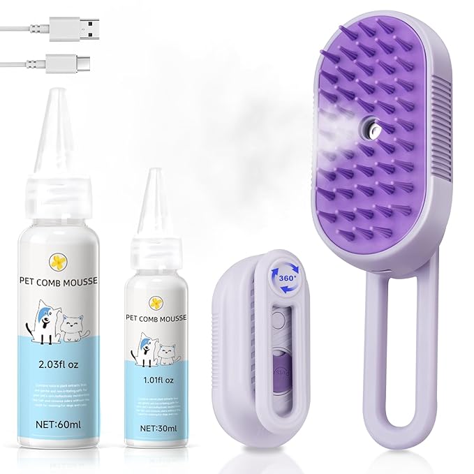 Steam Brush for Cat &amp; Dog – 3-in-1 Spritz Pet Spray Hair Removal Comb for Grooming &amp; Shedding Steam – Water Brush for Long &amp; Short Haired Pets– Includes Two Bottles Waterless Shampoo