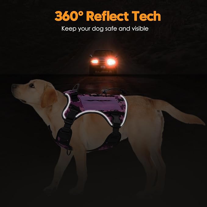 Heavy-Duty Tactical Dog Harness for Large Dogs, No Pull Adjustable Reflective Pet Vest with Molle System, K9 Military-Grade Control for Service Training, Outdoor &amp; 10+ Breeds, Purple Camo, Large