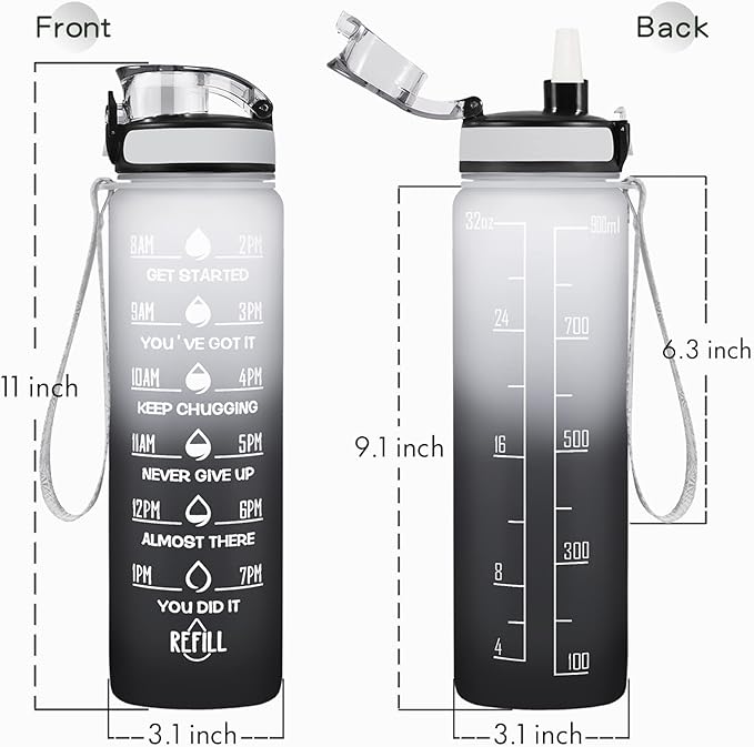 Enerbone Water Bottle, Leakproof BPA &amp; Toxic Free, Motivational Water Bottle with Times to Drink and Straw, Fitness Sports Water Bottle with Strap for Office, Gym, Outdoor Sports