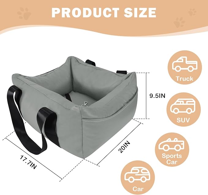 Dog Car Seat for Small Dogs, Large Leather Dog Car Bed with Storage Pocket, Waterproof PVC Leather Booster Seat Travel Bed for Front &amp; Back Seat, Clip-On Safety Leash (Grey)