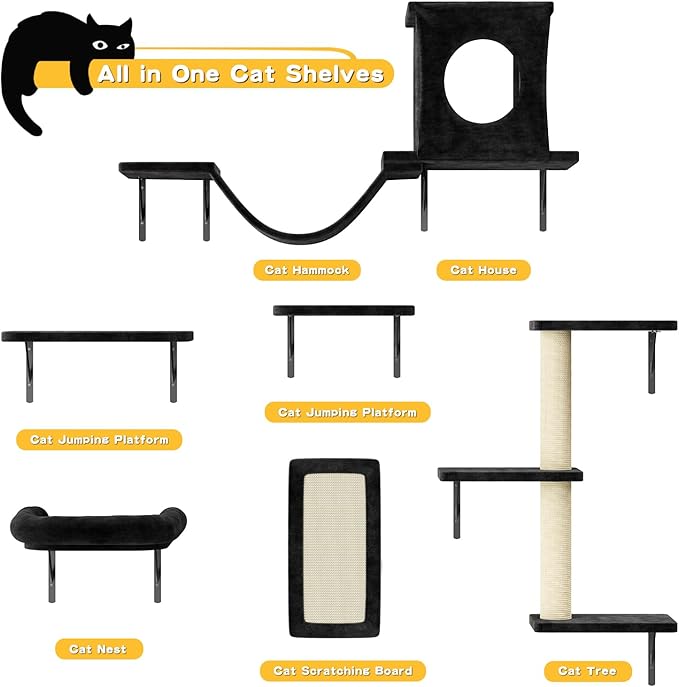 NUNU LAB Wall Mounted Cat Furniture, 6 Pcs Cat Wall Shelves with Condo House, Bridge, Steps, Scratcher, Hammock, Indoor Safe &amp; Stable Furniture for Kittens Play, Black