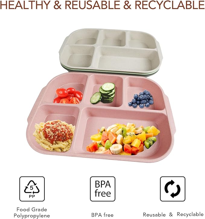 greenandlife 10.8 Inch 4PCS Divided Plates for Kids Adults, Portion Control Plates, Dishwasher &amp; Microwave Safe Compartment Plate, Unbreakable Lightweight Reusable Wheat Straw Plates, INS