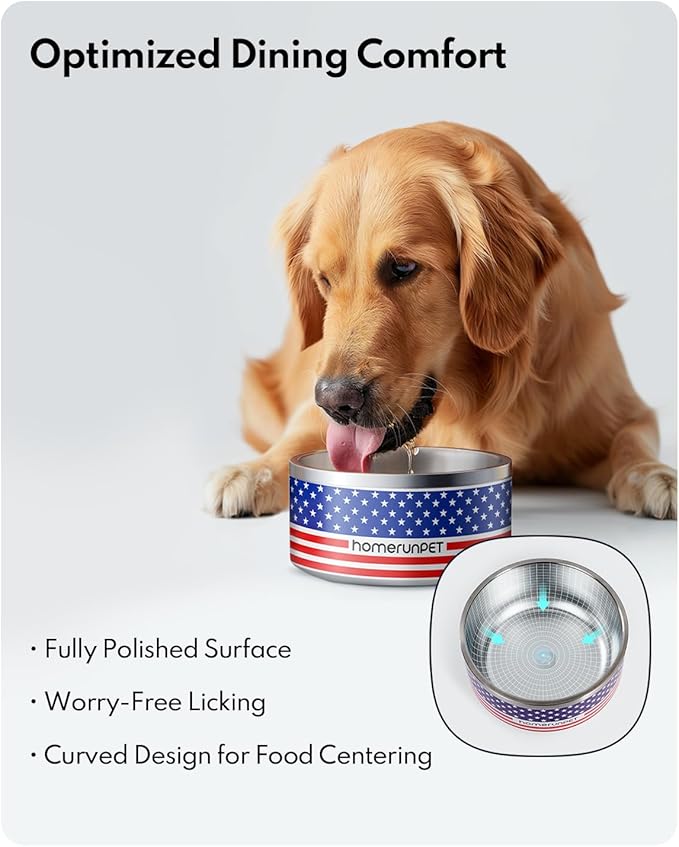 Homerunpet Double Wall Stainless Steel Dog Bowls, Non-Slip Base, Dishwasher Safe, Durable Pet Food &amp; Water Bowl for Dogs &amp; Cats(32oz, American Flag)