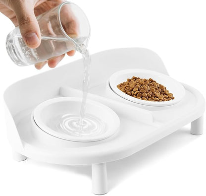 Elevated Cat Bowls, Tilted Rised Cat Food and Water Bowl with 2 Pcs Ceramic Pet Bowls, Rised Stand, Pet Dish Anti Vomiting Feeding Station for All Sized Cats &amp; Small Dogs (White)
