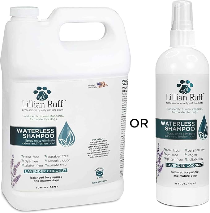 Lillian Ruff Waterless No-Rinse Dog Dry Shampoo Spray with Hydrating Essential Oils - pH-Balanced Dry Shampoo for Dogs - Clean, Condition, Detangle &amp; Deodorize Dry, Sensitive Skin (Gallon)