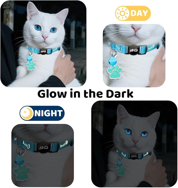 Personalized Breakaway Cat Collars Glow-in-The-Dark with ID Tag, Bell - Safety Quick - Release, Customizable for Female Male Kittens &amp; Cats (Blue)