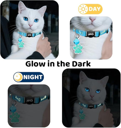 Personalized Breakaway Cat Collars Glow-in-The-Dark with ID Tag, Bell - Safety Quick - Release, Customizable for Female Male Kittens &amp; Cats (Blue)