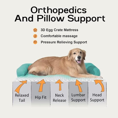 Orthopedic Washable Large Dog Bed, Dog Beds with Removable Cover, Large X XL Pet with Bolster, Washable Aqua Blue Dog Beds with Orthopedic Egg Foam for Medium Large Dogs