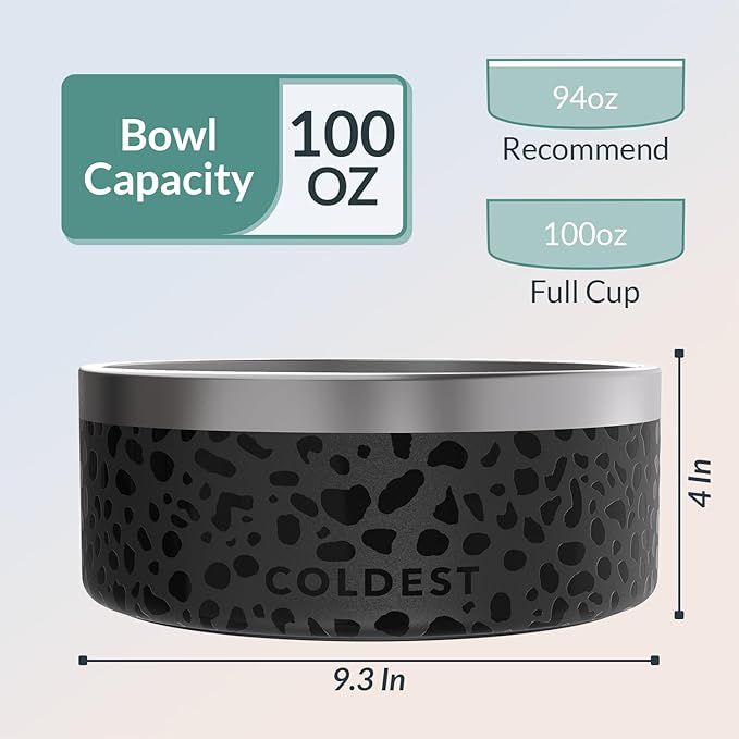 Coldest Dog Bowl - Anti Rust Metal, Non Slip, 3 Layers Insulated Stainless Steel Dog Bowls - Spill Proof &amp; Heavy Duty - Water Bowl for Dogs, Cats &amp; Pets, Dish Washer Safe (100 oz, Black Leopard)