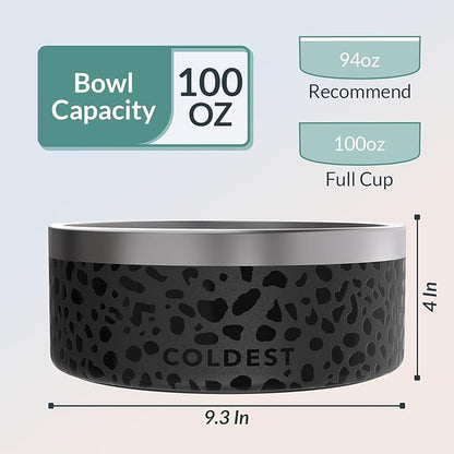 Coldest Dog Bowl - Anti Rust Metal, Non Slip, 3 Layers Insulated Stainless Steel Dog Bowls - Spill Proof &amp; Heavy Duty - Water Bowl for Dogs, Cats &amp; Pets, Dish Washer Safe (100 oz, Black Leopard)