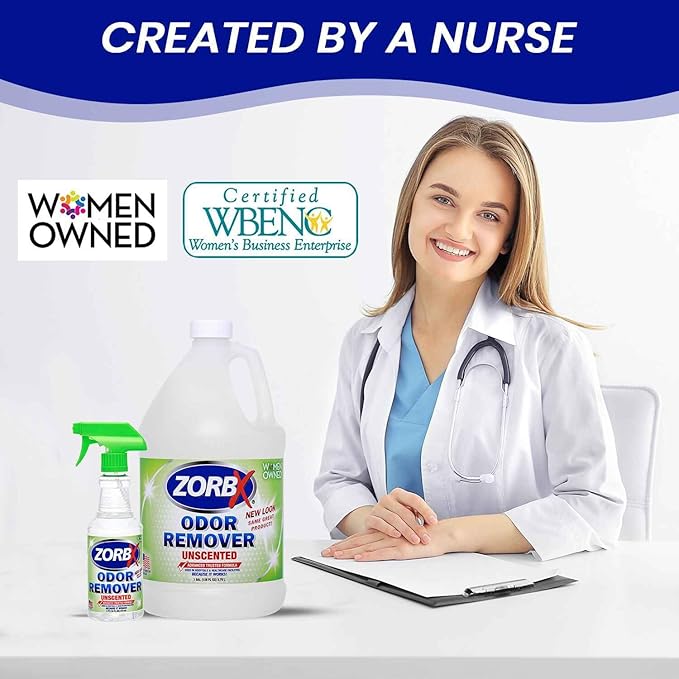 ZORBX Unscented Odor Eliminator for Strong Odor 16 Oz + 128 Oz - Used in Hospitals &amp; Healthcare Facilities - Advanced Trusted Formula, Fast-Acting Odor Remover Spray for Dog, Cat, House &amp; Carpet