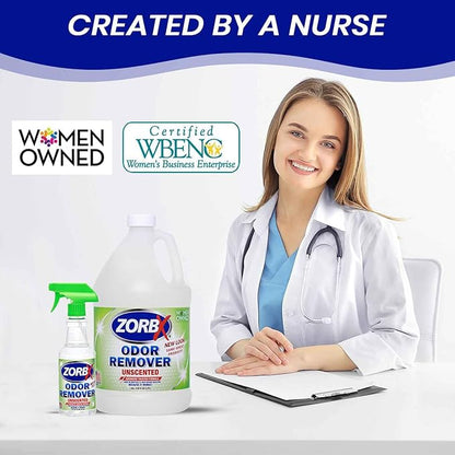 ZORBX Unscented Odor Eliminator for Strong Odor 16 Oz + 128 Oz - Used in Hospitals &amp; Healthcare Facilities - Advanced Trusted Formula, Fast-Acting Odor Remover Spray for Dog, Cat, House &amp; Carpet