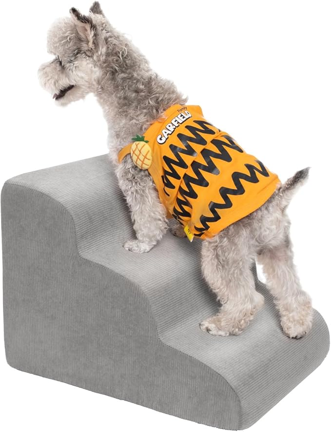 MEWANG Dog Stairs for Small &amp; Medium Dogs and Old Cats –3/4/ 5 Steps High-Density Foam Pet Ramp for Bed &amp; Couch, Non-Slip, Washable Cover, Grey (Round Corner, 3 Steps: 17.95&