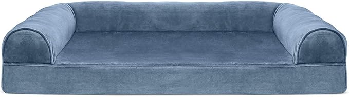 Furhaven Cooling Gel Dog Bed for Large/Medium Dogs w/ Removable Bolsters &amp; Washable Cover, For Dogs Up to 55 lbs - Faux Fur &amp; Velvet Sofa - Harbor Blue, Large