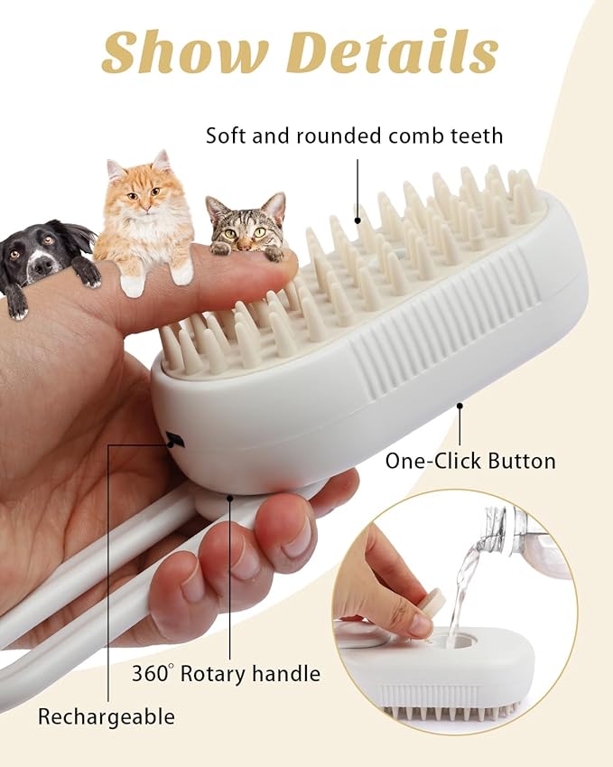 6 in 1 Cat Steam Brush for Shedding, Portable Anti-Static Grooming Comb for Cats &amp; Dogs, Steam Misting Water Brush, Self-Cleaning Pet Hair Remover, Indoor Cat Spray Brushes for Cats &amp; Dogs