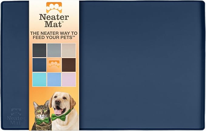 Neater Pet Brands Neater Mat Pet Mats for Food and Water, Cat &amp; Dog Bowl Mat Waterproof Silicone, Feeding Tray, Dog Food Mats for Floors, Placemat w/Raised Edge for Under Bowls, 19” x 12”, Dark Blue