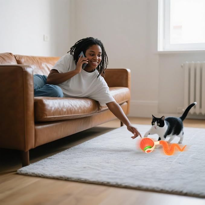 Interactive Cat Toy Ball | Automatic Moving Smart Anti-Depression Pet Toy with Light | Speedy Tail 3.0 Cat Mouse Toy | Electric Rechargeable Enrichment Toy for Indoor Bored Cats &amp; Dogs (Orange)