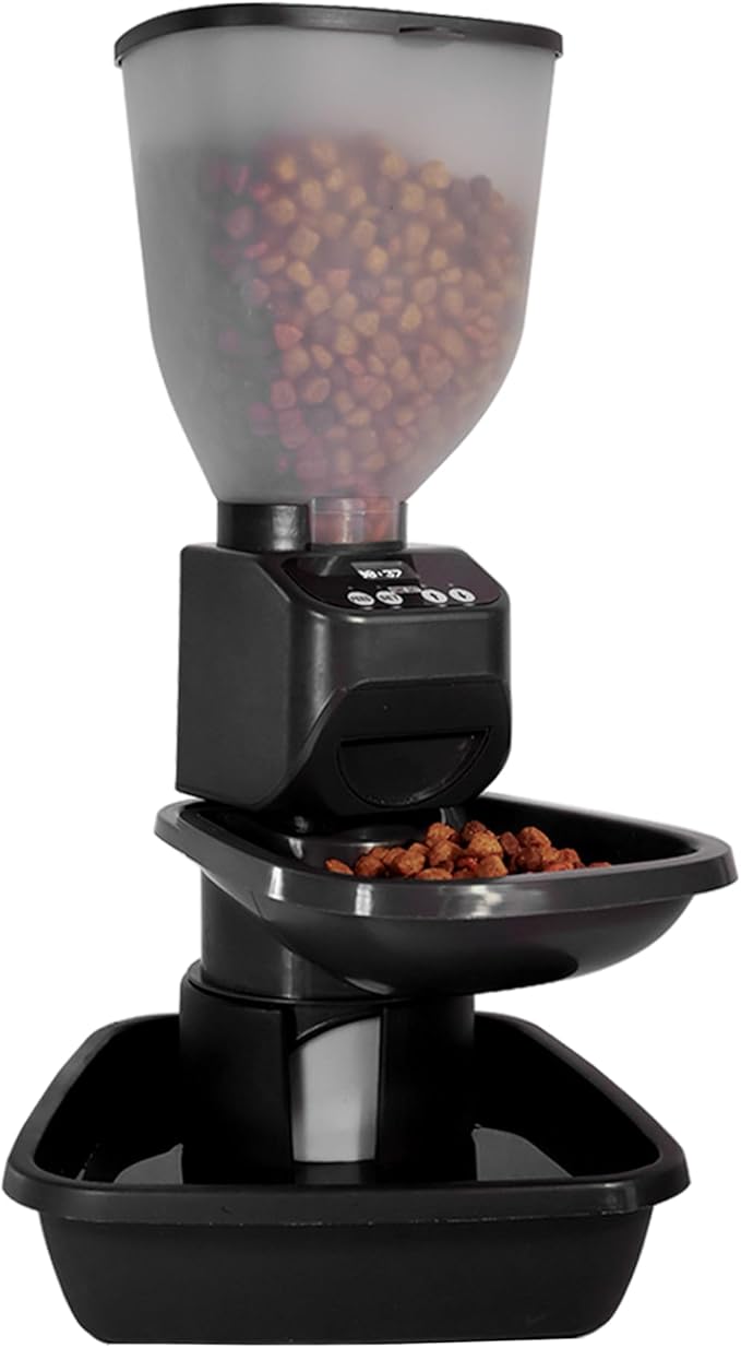 Automatic Dog &amp; Cat Food Feeder with Water Dispenser – Smart Pet Feeder with Portion Control, OLED Display, Anti Jam Design, Battery Operated Dispenser for Small Pets - Black