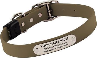 Biothane Custom Dog Collar – Waterproof, Stink-Proof Personalized Collar with Name &amp; Phone Number – Durable, Many Sizes and Colors – Assembled in USA (Olive Green)