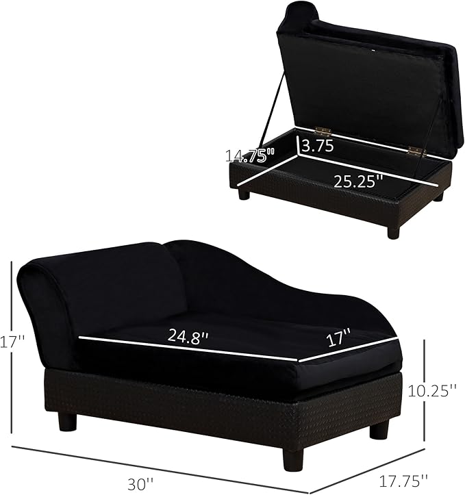PawHut Luxury Fancy Dog Couch with Hidden Storage, Small Dog Sofa Bed with 2" Soft Foam, Modern Pet Furniture for Puppies &amp; Little Breeds, Black