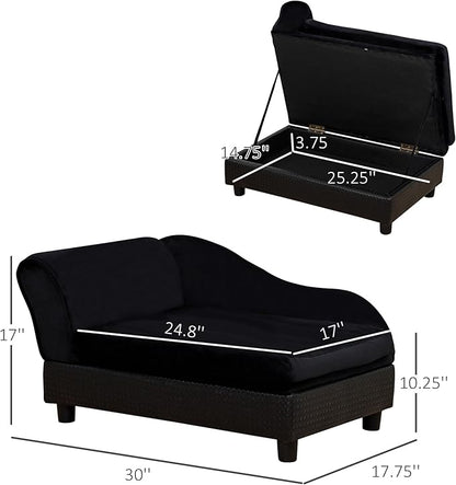 PawHut Luxury Fancy Dog Couch with Hidden Storage, Small Dog Sofa Bed with 2" Soft Foam, Modern Pet Furniture for Puppies &amp; Little Breeds, Black