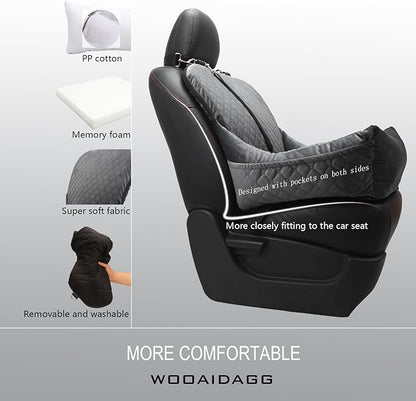 Dog Car Seat,Fully Detachable and Washable Cover,Easy to Assemble,Comfy Cushion Fill in Memory Foam,2 Clip-On Safety Leashes and Storage Pockets (Grey)